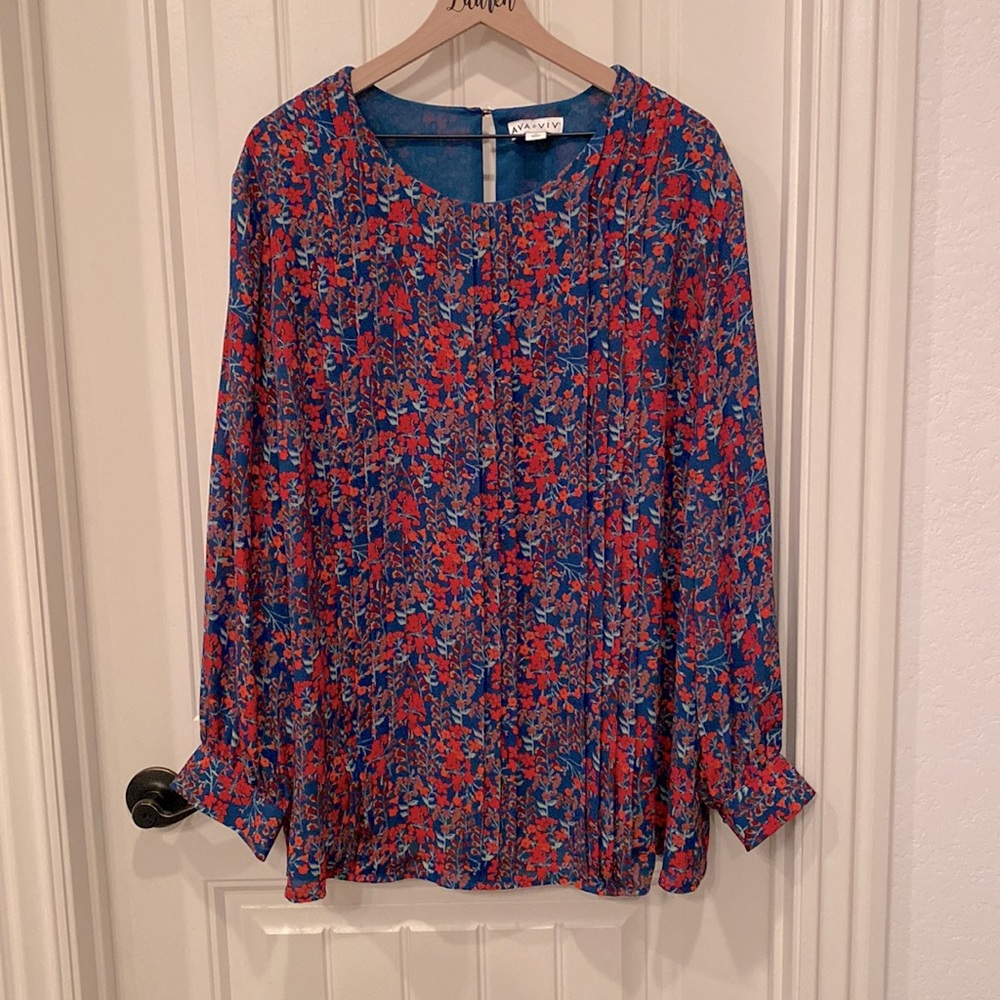 Ava & Viv Teal/Res Floral Blouse 3X